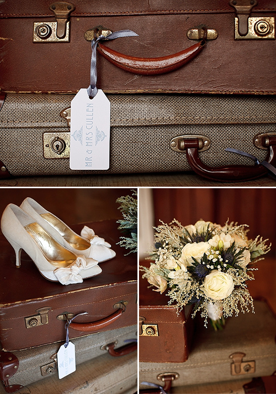 Wedding details with luggage, shoes, and flowers ready for the big day