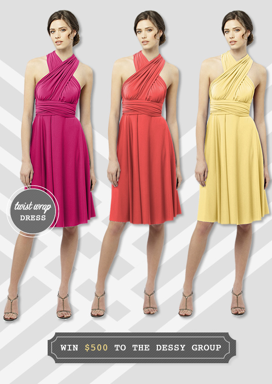 Three elegant twist wrap dresses in bright colors