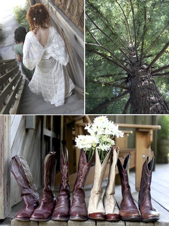 Wedding lace dress, country boots, flowers
