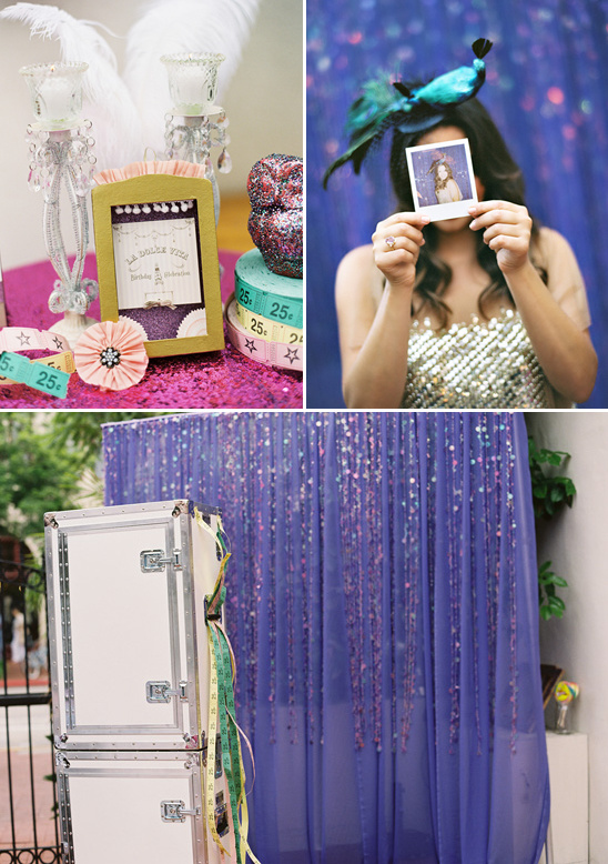 Glamorous photo booth backdrop with sparkling curtain and photo props