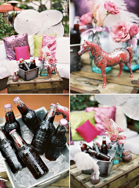 Pink party decorations with sparkling horse and sodas