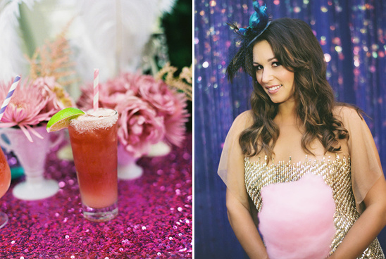 Pink drinks and woman in pink dress party