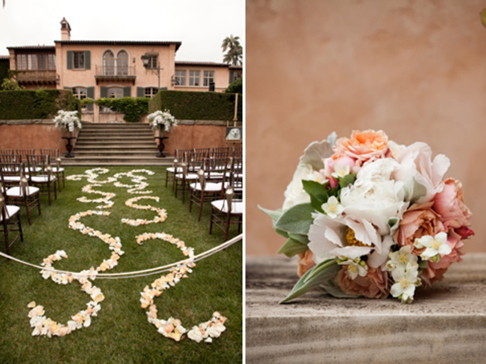 Outdoor wedding ceremony and bridal bouquet details