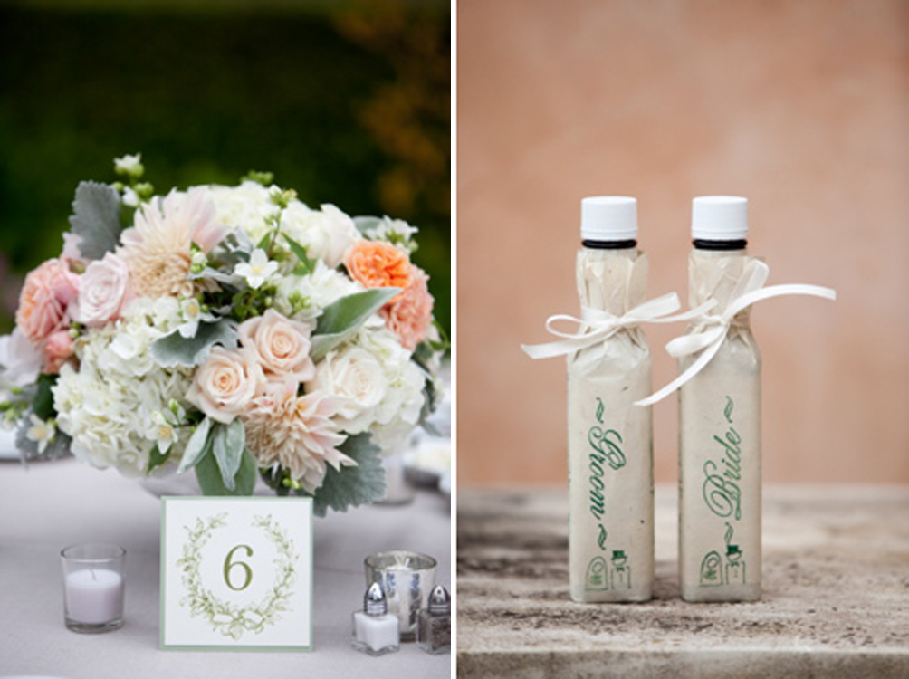 Wedding table decor with flowers and bride groom favors