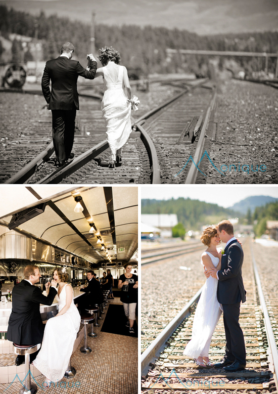 Wedding photos featuring a couple on railroad tracks