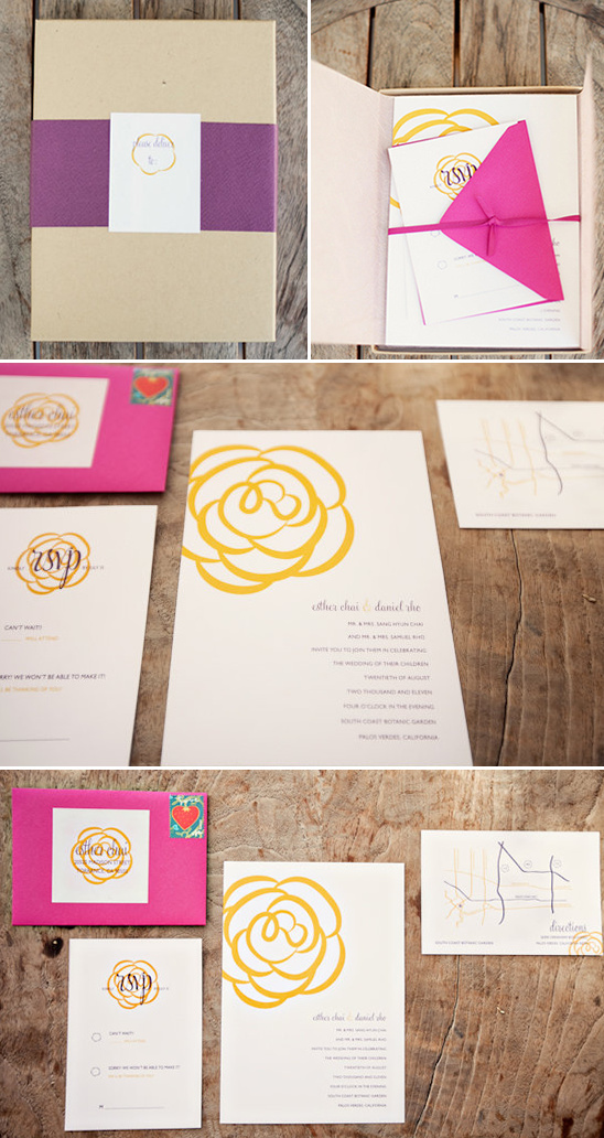 Wedding invitations, gold rose design, pink accents