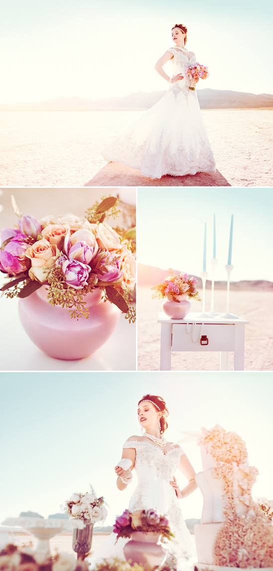Desert wedding photo montage with bride and flowers