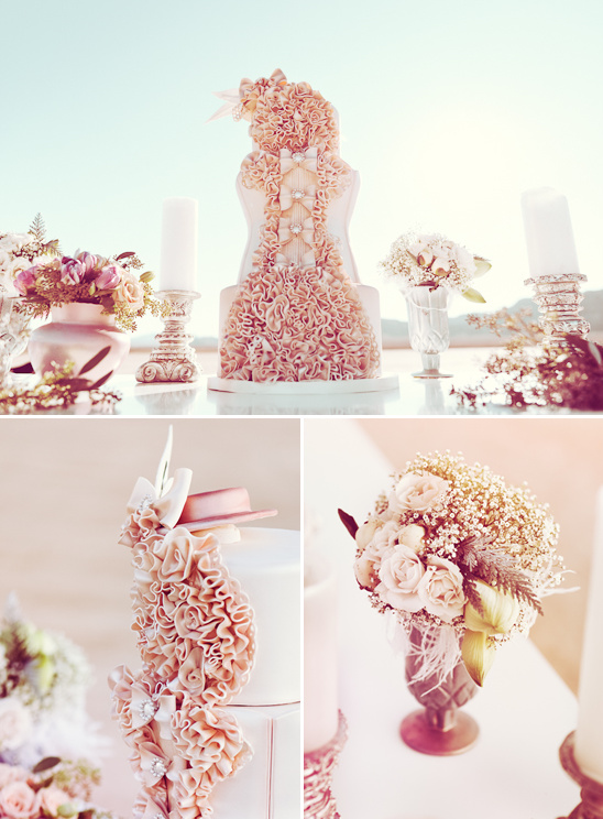 Elegant wedding cake with roses and ribbon details