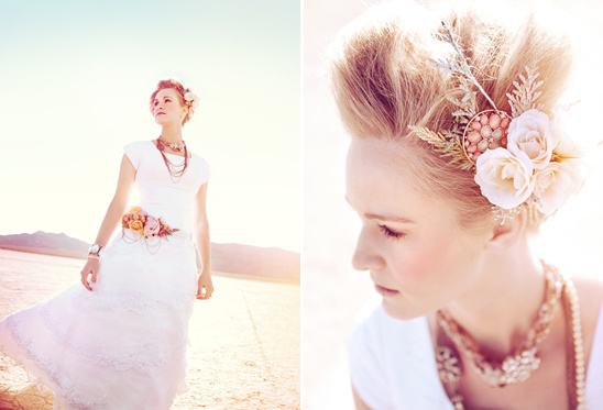 Bride with floral crown and belt on desert landscape