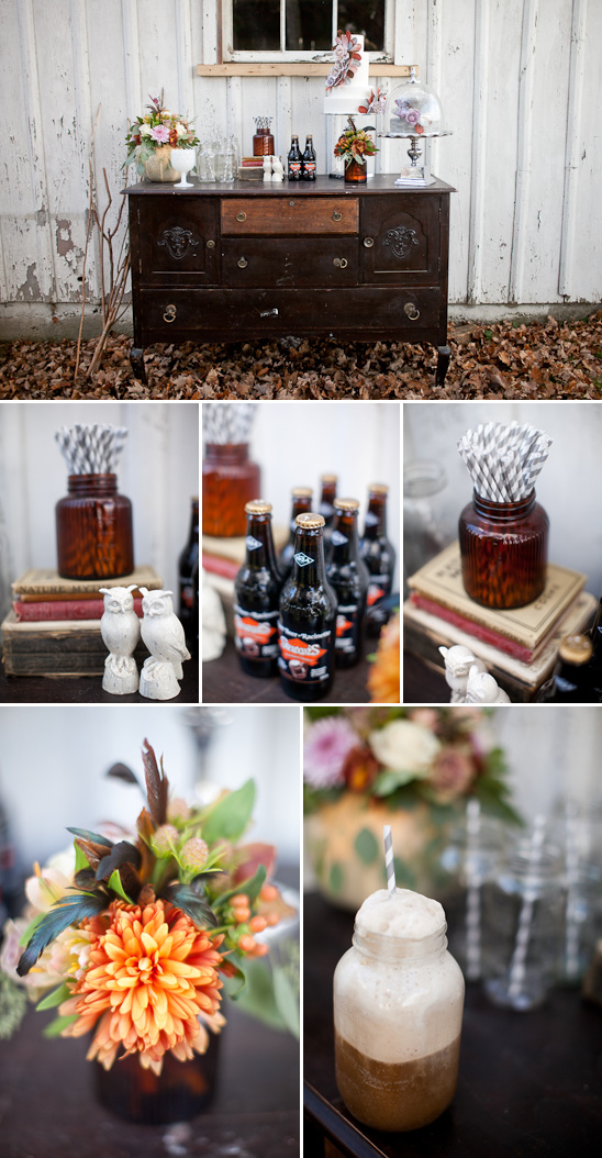 Rustic wedding dessert table with cake and beverages