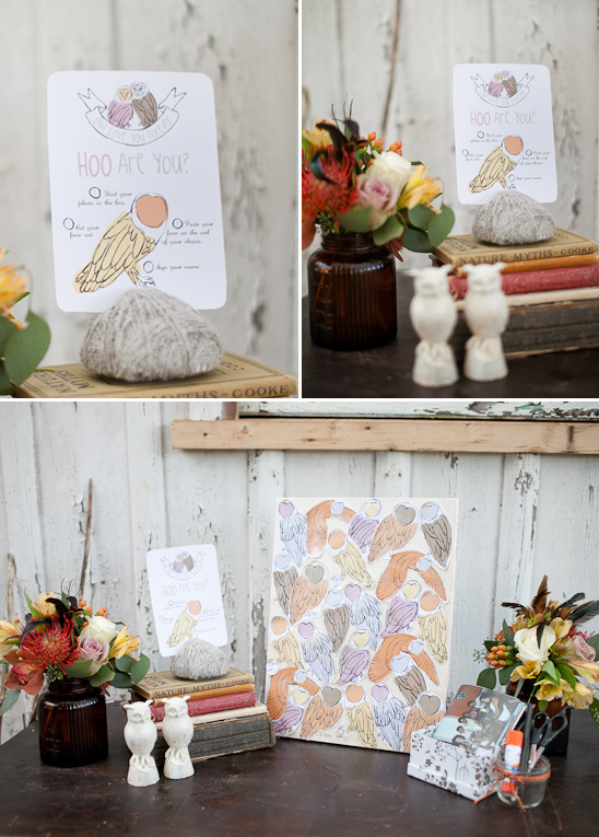 Owl themed party decor and game setup