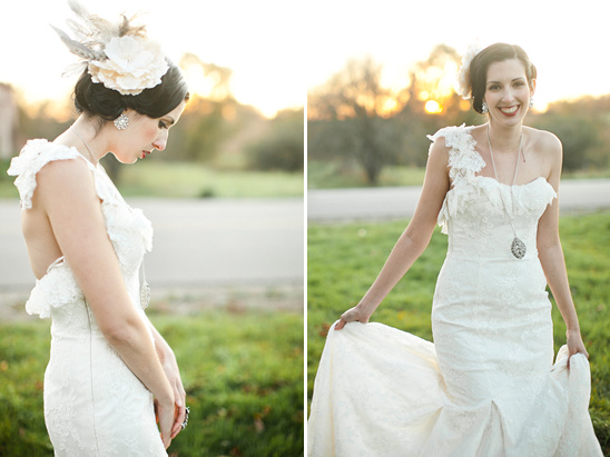 Vintage lace one shoulder wedding dress with floral headpiece