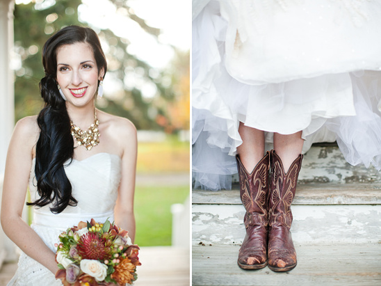 Bride in white gown with cowboy boots and flower bouquet