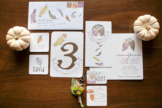 Rustic owl themed wedding invitation stationery suite