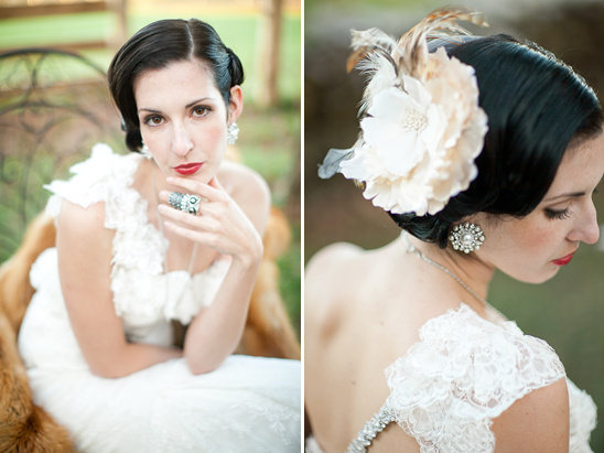Vintage bride in lace dress with flower hair accessory