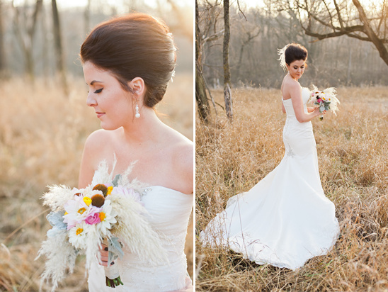 Bride in wedding dress holding flowers outdoor
