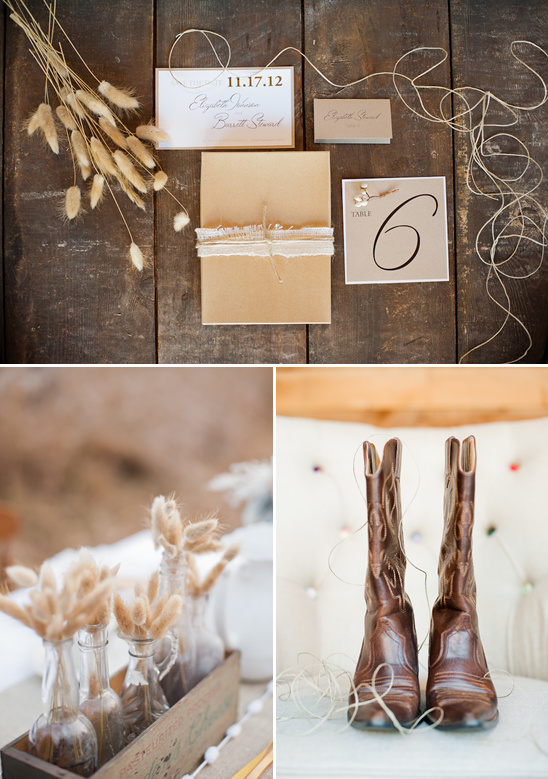 Rustic themed wedding decor and cowboy boots detail