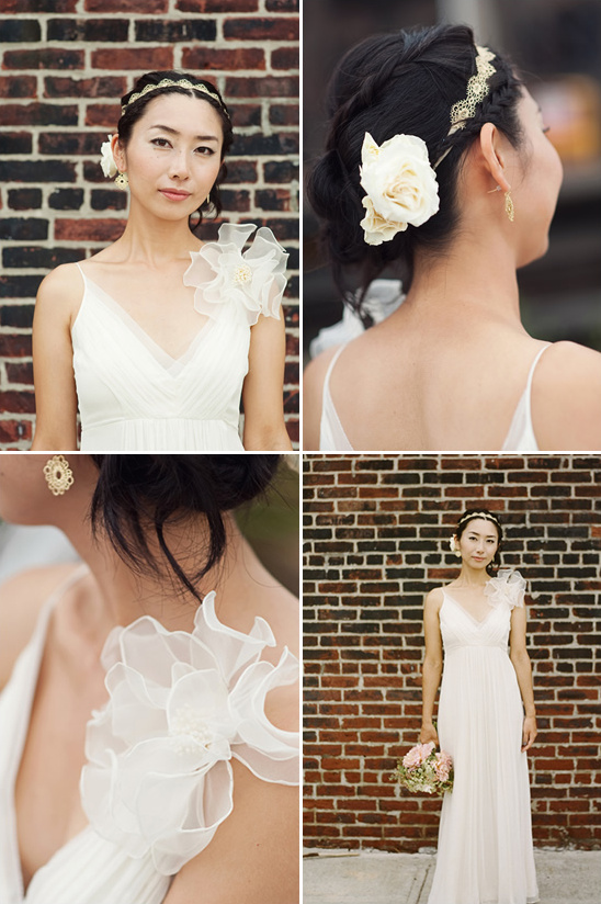 Asian bride in white dress with flower details