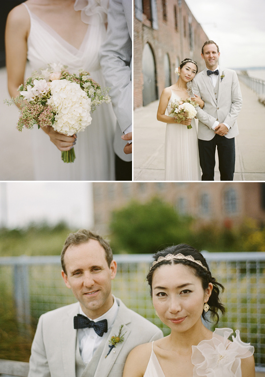 Bride and groom on wedding day with floral bouquet