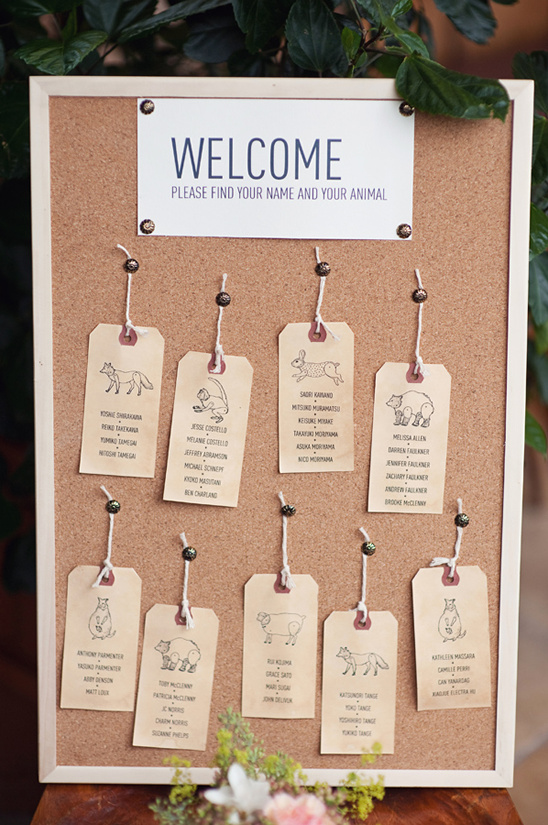 Wedding seating chart with animal themed place cards