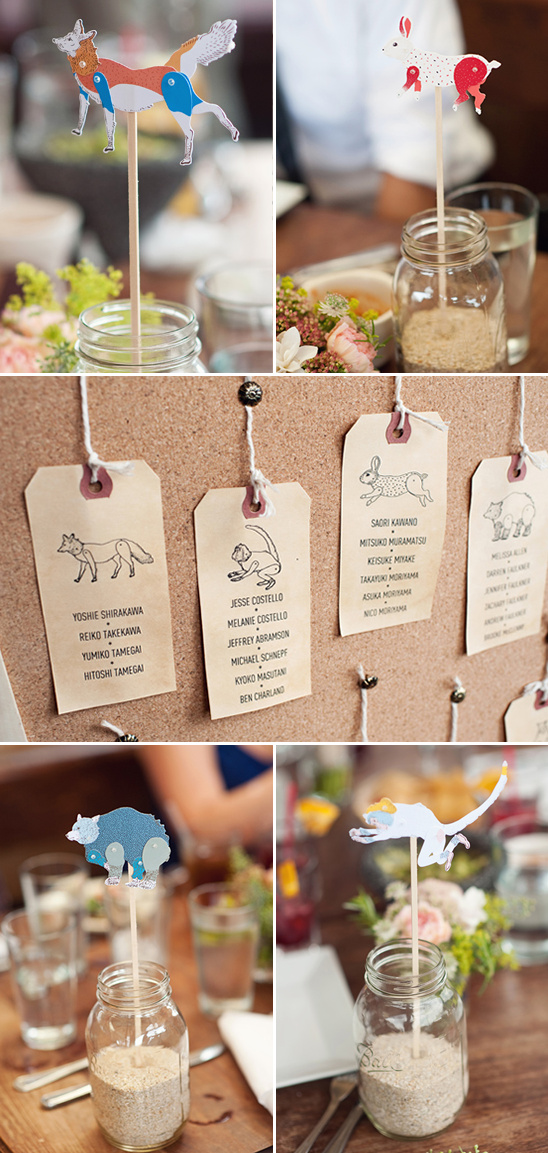 Rustic wedding decorations with animal escort cards