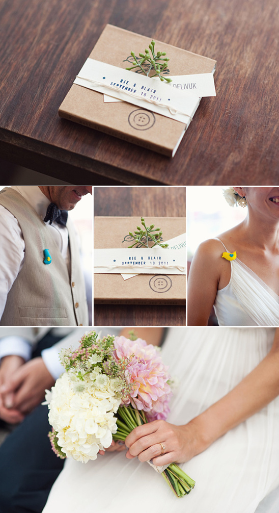 Wedding details favor box pins and bridal bouquet