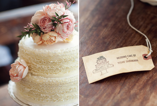 Ruffled wedding cake with peonies and Yoshi Shirakawa tag