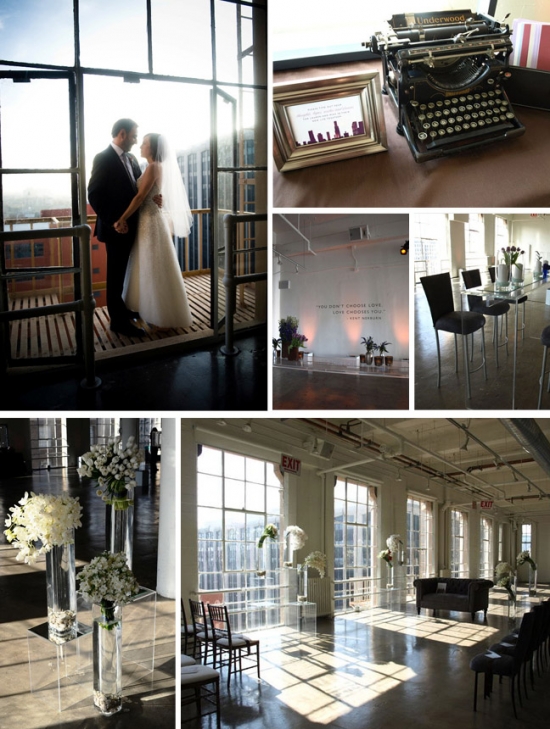 Elegant loft wedding venue details and happy couple