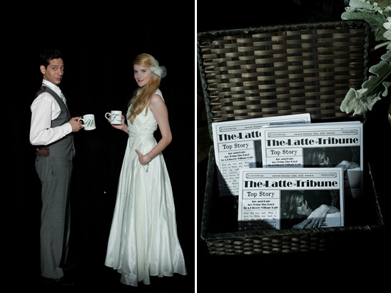 Bride and groom with coffee mugs, wedding newspaper favors