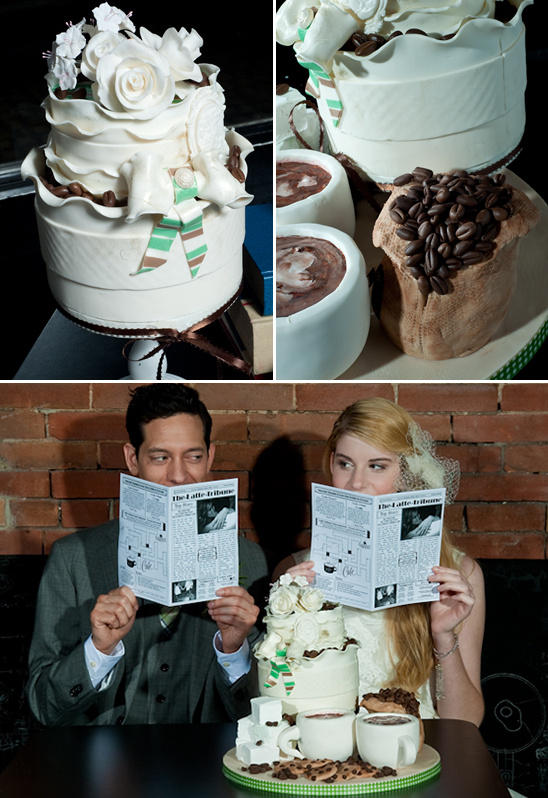 Elegant coffee-themed wedding cake with flowers