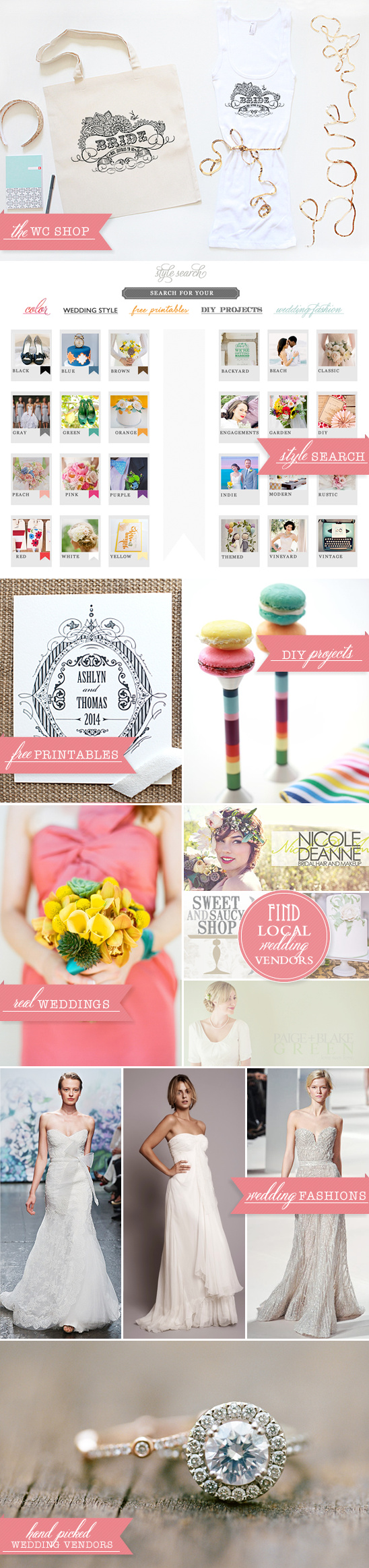 Wedding vendor spotlight collage with dresses and rings
