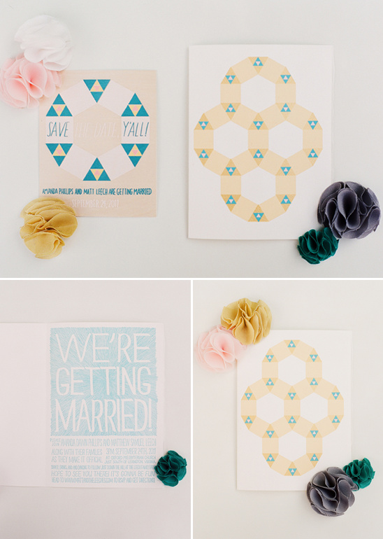 Wedding invitations with geometric designs and fabric flowers