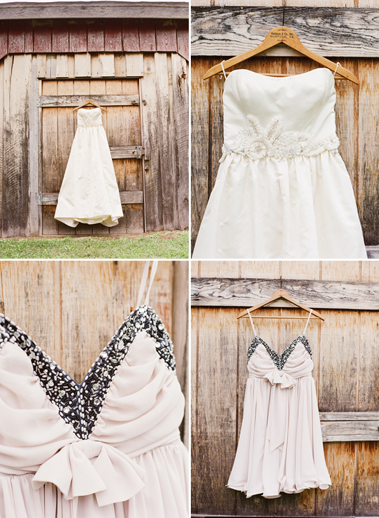 Wedding dresses hanging on rustic wooden doors collage