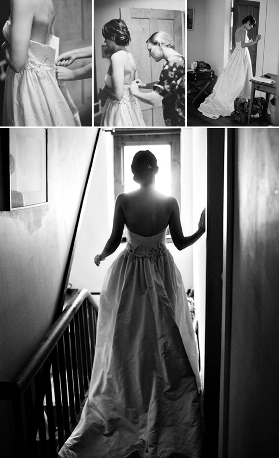 Black and white photo of bride getting ready for wedding