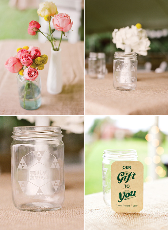Wedding favors mason jars with flowers and gift tag