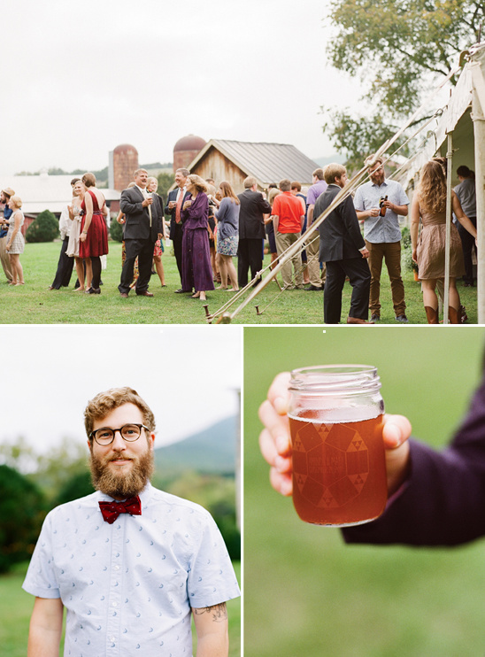 Outdoor wedding reception with beer and country barn