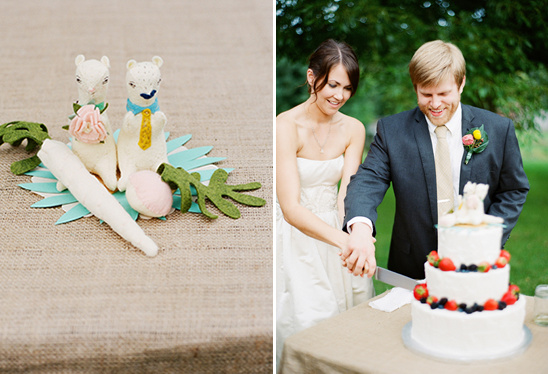 Adorable felt animal wedding cake topper