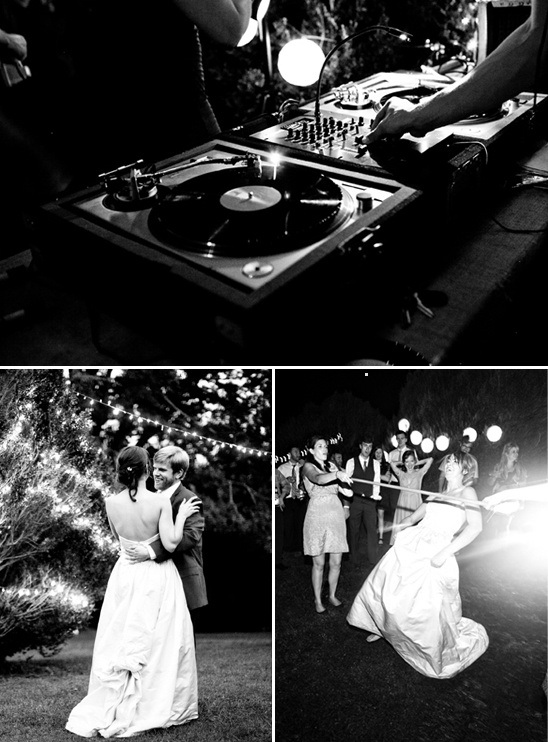 Black and white photo of wedding DJ and dancing couple