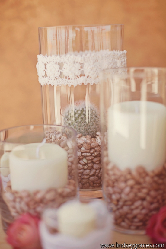 Rustic chic wedding centerpiece with cactus and candles