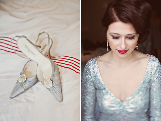 Bride in gown with shoes on bed for wedding day prep