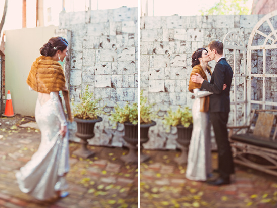 Bride and groom embrace in elegant wedding scene