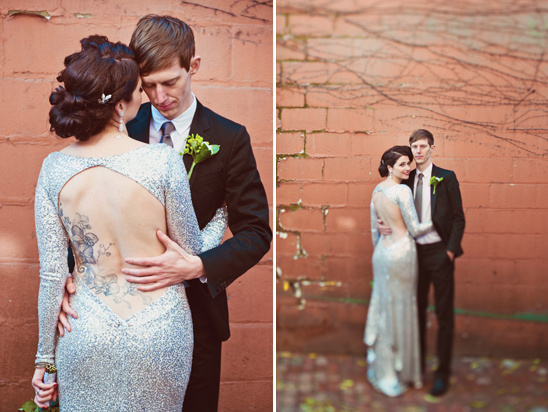 Bride in sequin dress with open back and groom