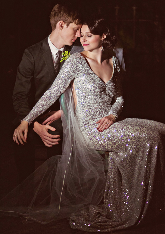 Bride in sequin dress with groom portrait