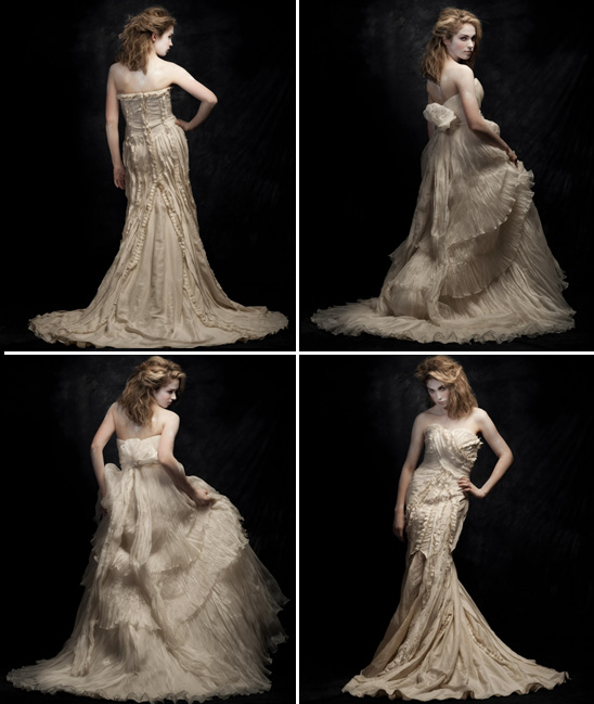 Four views of a woman wearing a cream colored wedding gown
