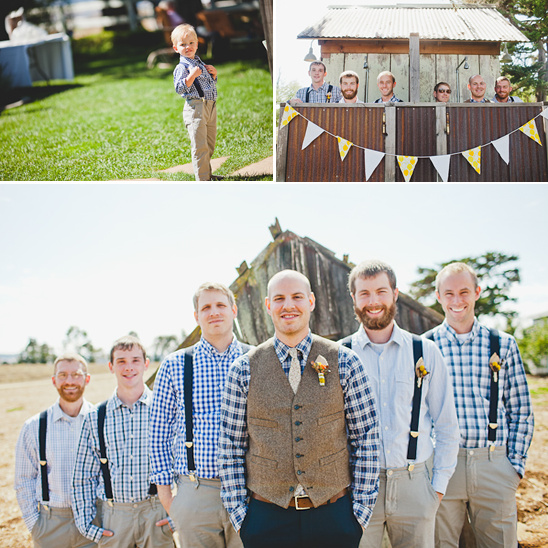 Groomsmen in suspenders and plaid shirts pose for a wedding photo