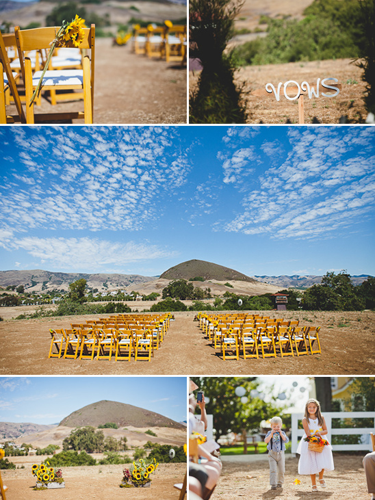 Rustic outdoor wedding ceremony setup with sunflowers