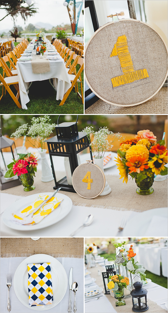 Rustic wedding table decor with yellow and navy accents