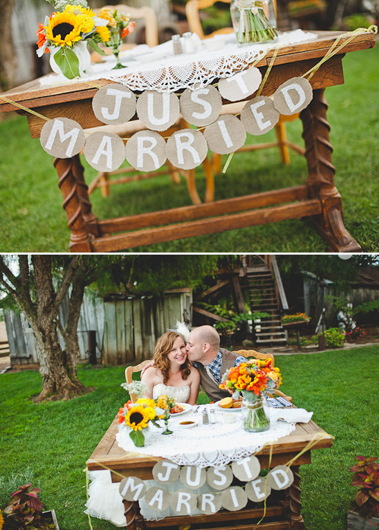 Rustic just married banner wedding table
