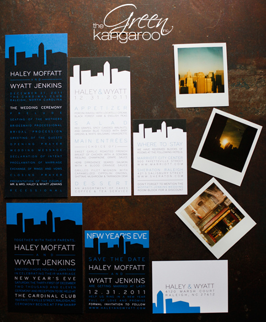 Elegant wedding invitation suite with city skyline design