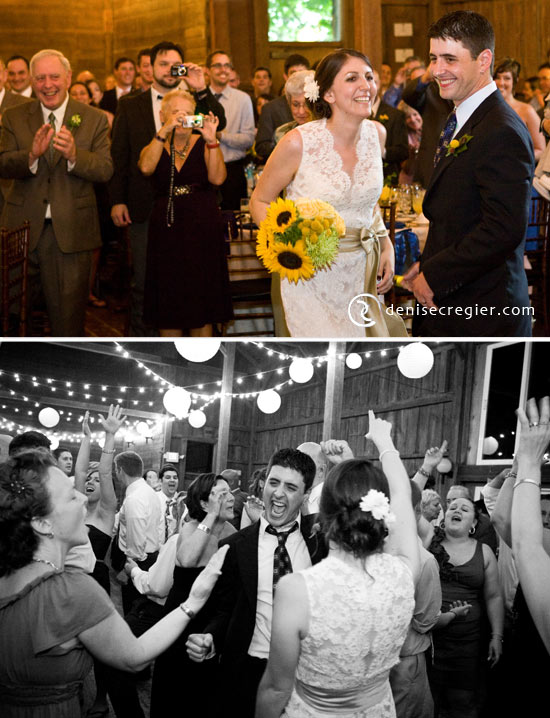 Happy bride and groom at rustic barn wedding reception